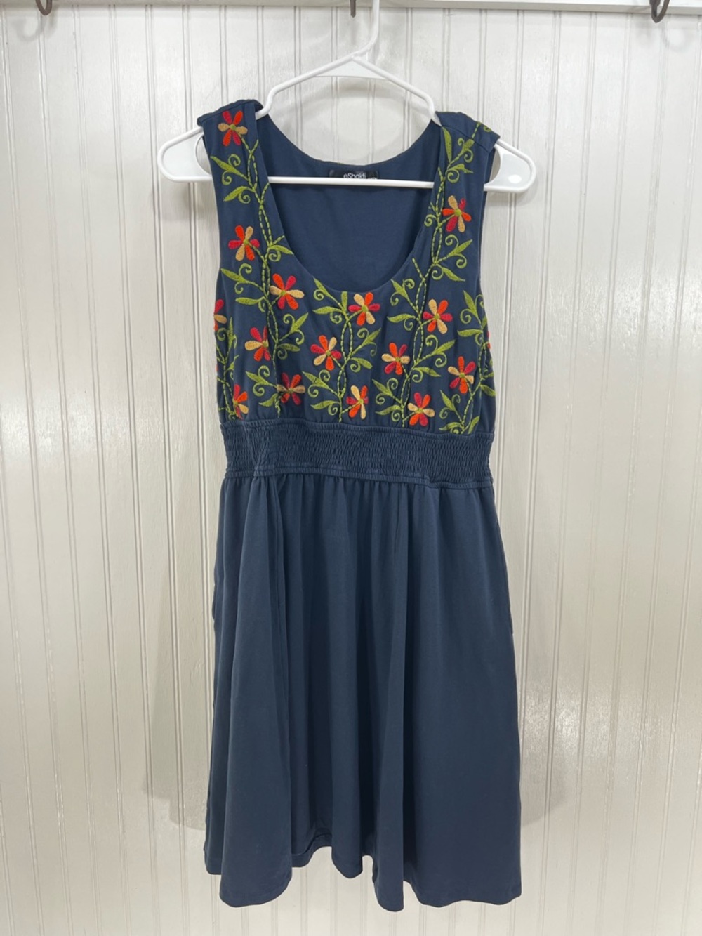 eShakti Custom Floral Embroidered Smocked Waist Fit & Flare Dress S Blue